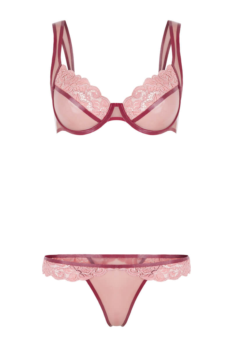 Latexdessous aus transparentem rosa Latex und Spitze